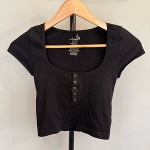 Free People Intimately Black Scoop Neck Henley Crop Top